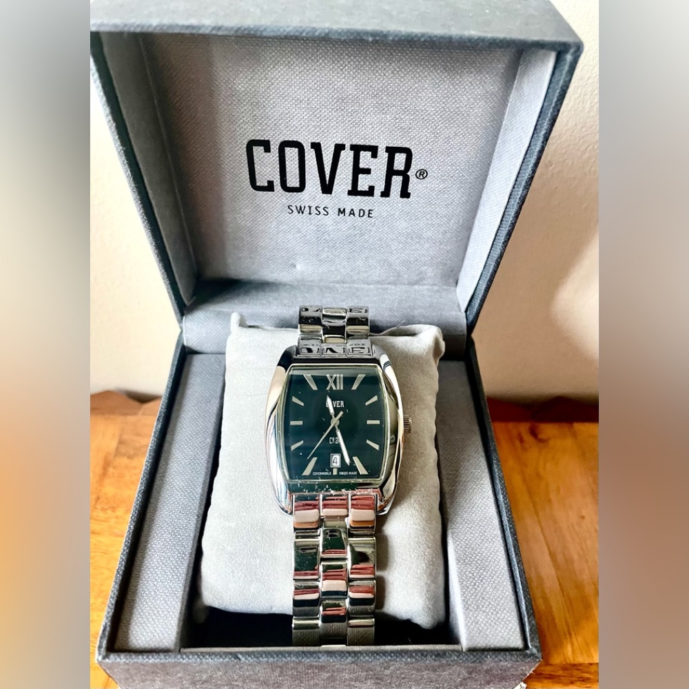 ‘Swiss Made Black Face Watch with Silver Link Bracelet Band